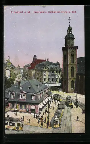 AK Frankfurt a. M., Strassenbahnen an der Marienkirche, mit Hauptwache und Zeil