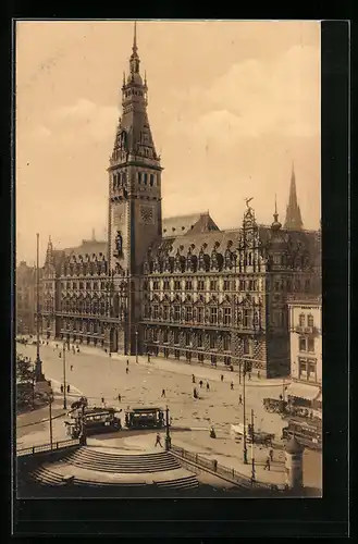 AK Hamburg, Rathaus mit Strassenbahnen