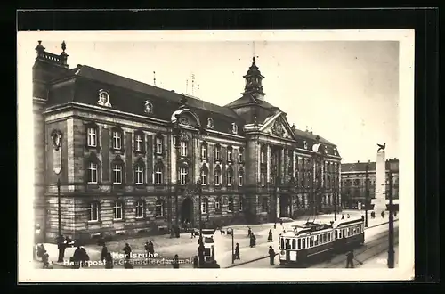 AK Karlsruhe, Hauptpost mit Strassenbahn