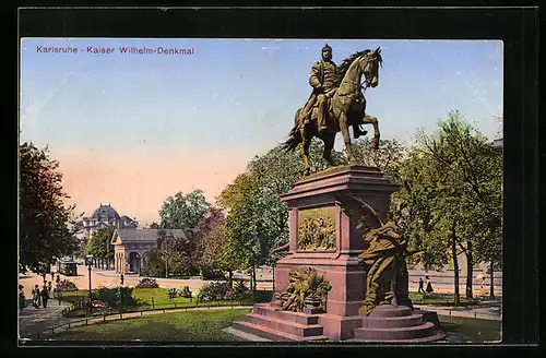 AK Karlsruhe, Kaiser Wilhelm-Denkmal mit Strassenbahn