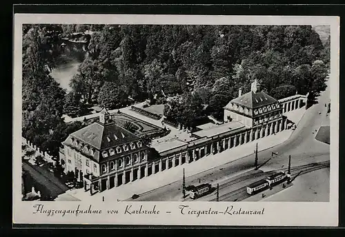 AK Karlsruhe, Tiergarten-Restaurant und Strassenbahn vom Flugzeug aus