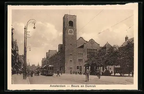 AK Amsterdam, Beurs en Damrak, Strassenbahn