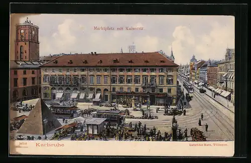 AK Karlsruhe, Marktplatz mit Kaiserstrassse und Strassenbahnen