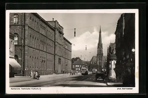 AK Karlsruhe, Technische Hochschule mit Strassenbahnen