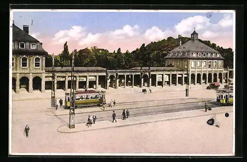 AK Karlsruhe, Stadtgarten-Eingang mit Strassenbahn