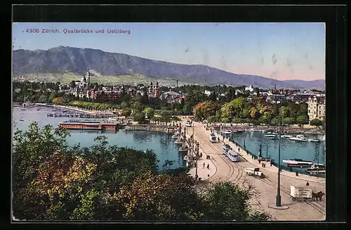 AK Zürich, Quaibrücke mit Strassenbahn und Blick zum Uetliberg