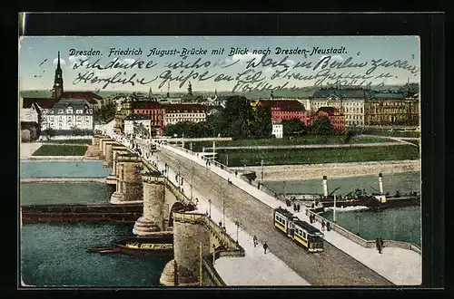 AK Dresden, Friedrich-August-Brücke mit Blick nach Neustadt, Strassenbahn