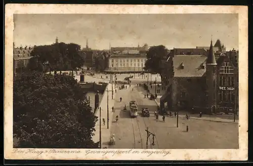 AK Den Haag, Panorama Gevangenpoort en omgeving, Strassenbahn