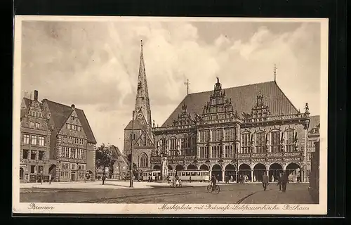 AK Bremen, Marktplatz mit Rathaus, Ratscafe, Liebfrauenkirche und Strassenbahn
