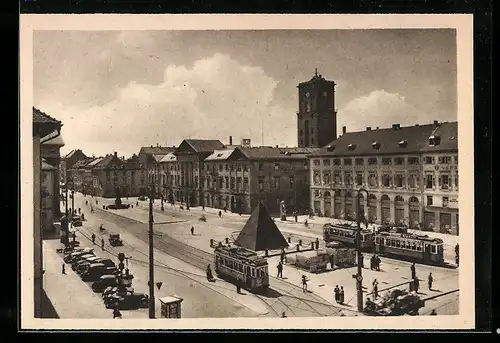 AK Karlsruhe i. B., Ortspartie mit Pyramide und Strassenbahnen aus der Vogelschau