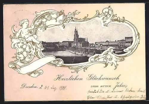 Passepartout-AK Dresden, Teilansicht mit Brücke, Ornament mit Kinderfigur, Neujahrsgruss