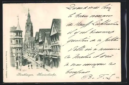 AK Reutlingen, Strassenpartie mit Marienkirche aus der Vogelschau