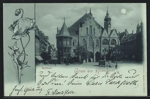 Mondschein-AK Hildesheim, Ortspartie am Rathaus, Blume