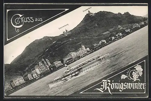 AK Königswinter, Blick über den Rhein mit Rheindampfer und Drachenburg