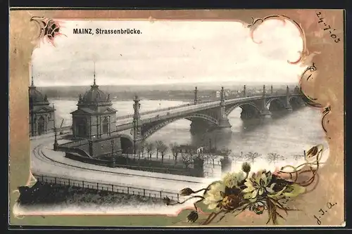 AK Mainz, Strassenbrücke im Passepartoutrahmen