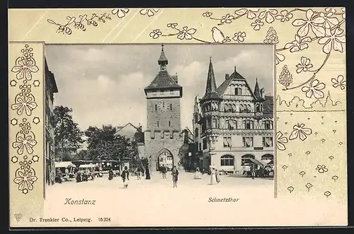 Passepartout-Lithographie Konstanz, Schnetzthor mit Passanten, florale Ornamente