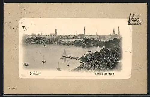 Präge-AK Hamburg-Neustadt, Lombardsbrücke mit Panorama der Stadt, Blumen-Ornament
