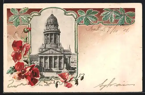Passepartout-Lithographie Berlin, Französischer Dom, Gendarmenmarkt, Blumen-Ornament