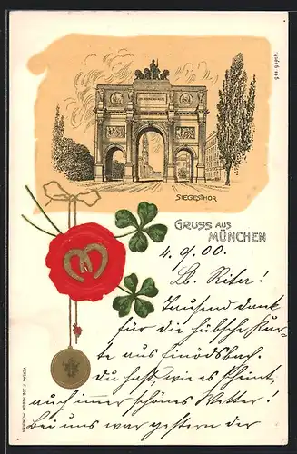 Präge-Lithographie München, Siegestor, Siegel mit Kleeblättern