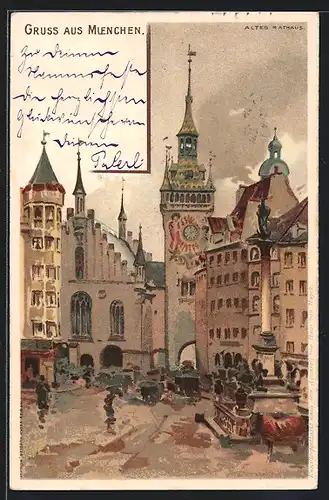 Lithographie München, altes Rathaus