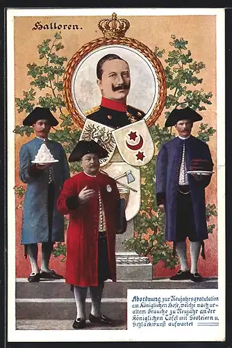 AK Halle a. S., Halloren mit Wappen und Kaiser Wilhelm II.