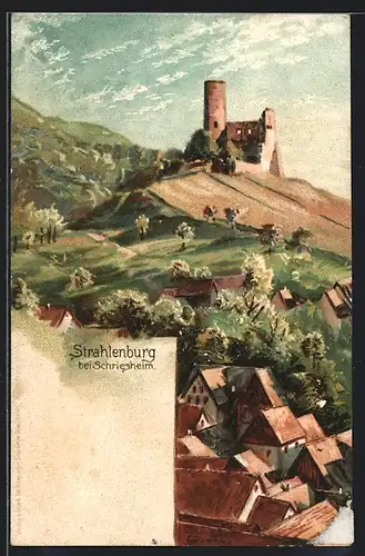 Lithographie Schriesheim, Blick zur Strahlenburg