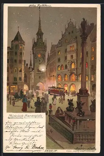 Lithographie München, Marienplatz mit Strassenbahn bei Nacht
