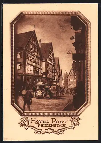 Künstler-AK Freudenstadt, Strassenpartie mit Hotel Post