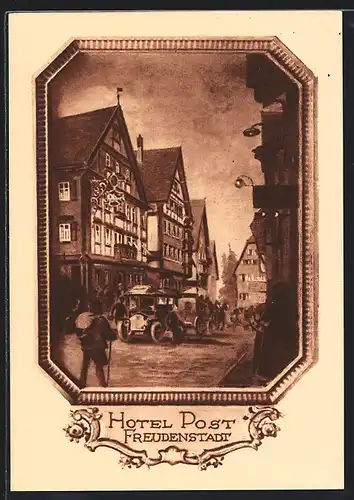 Künstler-AK Freudenstadt, Strassenpartie mit Hotel Post