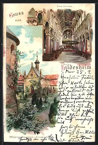 Lithographie Hildesheim, Dominneres, 1000 jähriger Rosenstock und Annenkapelle