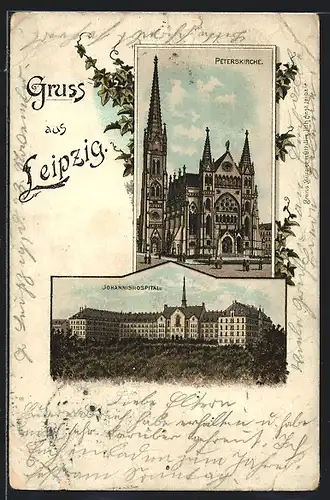 Lithographie Leipzig, Johannishospital, Peterskirche