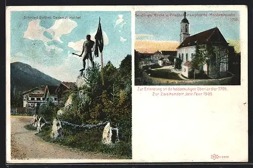 AK München-Sendling, Zweihunder Jahrfeier 1905, Schmied Balthes-Denkmal am Kochel, Sendlinger Kirche