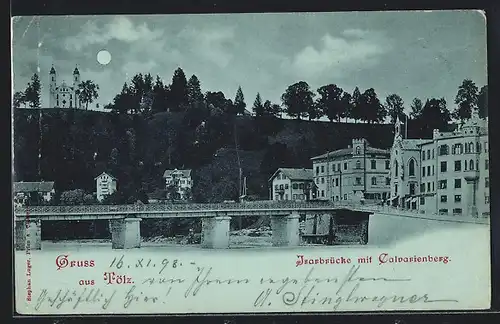 AK Tölz, Isarbrücke mit Calvarienberg