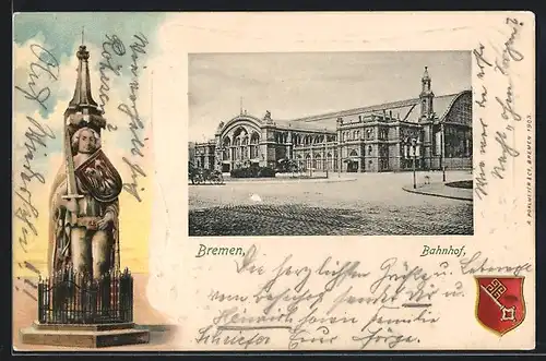 Passepartout-Lithographie Bremen, Bahnhof, Roland, Wappen