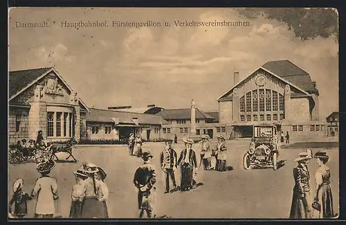 AK Darmstadt, Hauptbahnhof, Fürstenpavillon und Verkehrsvereinsbrunnen