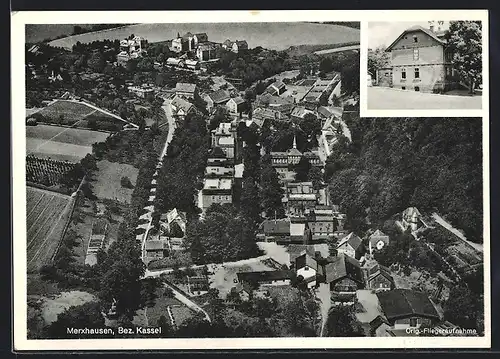 AK Merxhausen, Ortsansicht aus der Vogelperspektive, Gasthaus und Pension J. Ochs