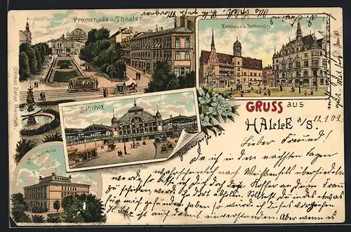 Lithographie Halle a. S., Promenade, Theater, Bahnhof, Rathaus, Ratskeller