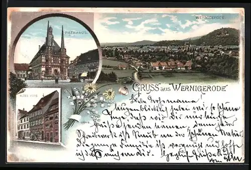 Lithographie Wernigerode, Rathaus, Altes Haus, Ortsansicht