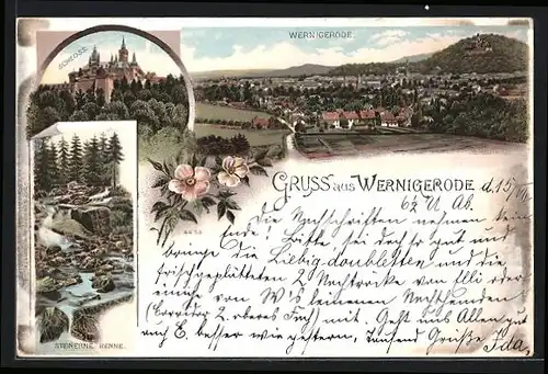 Lithographie Wernigerode, Schloss, Steinerne Renne, Ortsansicht