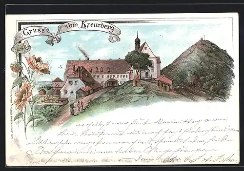 Lithographie Bischofsheim / Rhön, Kloster Kreuzberg mit Gipfelkreuz in der Ferne