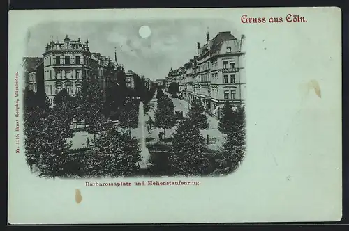 Mondschein-AK Köln-Neustadt, Barbarossaplatz und Hohenstaufenring