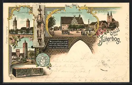 Lithographie Jüterbog, Rathaus mit Kriegerdenkmal, Zinnaer Tor, Stadttürme