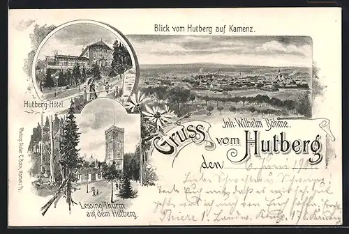 Lithographie Kamenz, Blick vom Hutberg auf den Ort, Hutberg-Hotel, Lessing-Turm auf dem Hutberg
