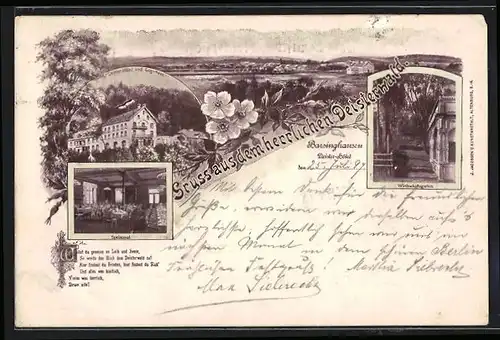 Lithographie Barsinghausen, Deister-Hotel, Speisesaal, Wirtschaftsgarten, Ortsansicht