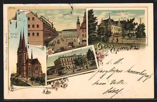 Lithographie Chemnitz, Carola Hotel, Markus-Kirche, Bahnhof, Markt