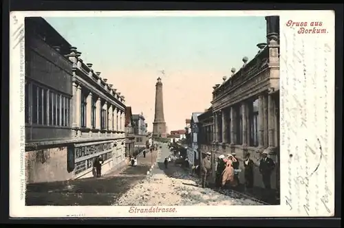 AK Borkum, Strandstrasse mit Leuchtturm