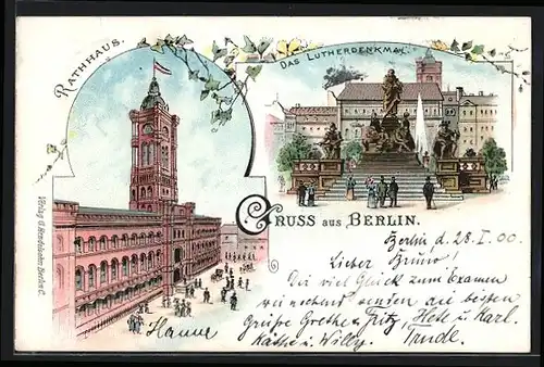 Lithographie Berlin, Rathaus, Lutherdenkmal, Neuer Markt