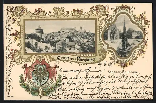 Lithographie Nürnberg, Schöner-brunnen, Teilansicht, mit Wappen