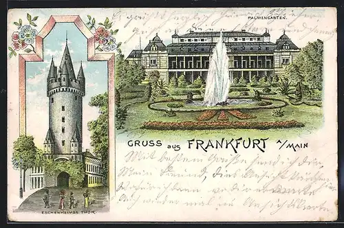 Lithographie Frankfurt a. Main, Eschenheimer Tor, Palmengarten