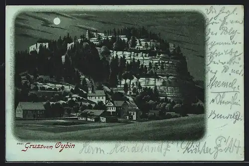 Mondschein-Lithographie Oybin, Ortsansicht aus der Vogelschau